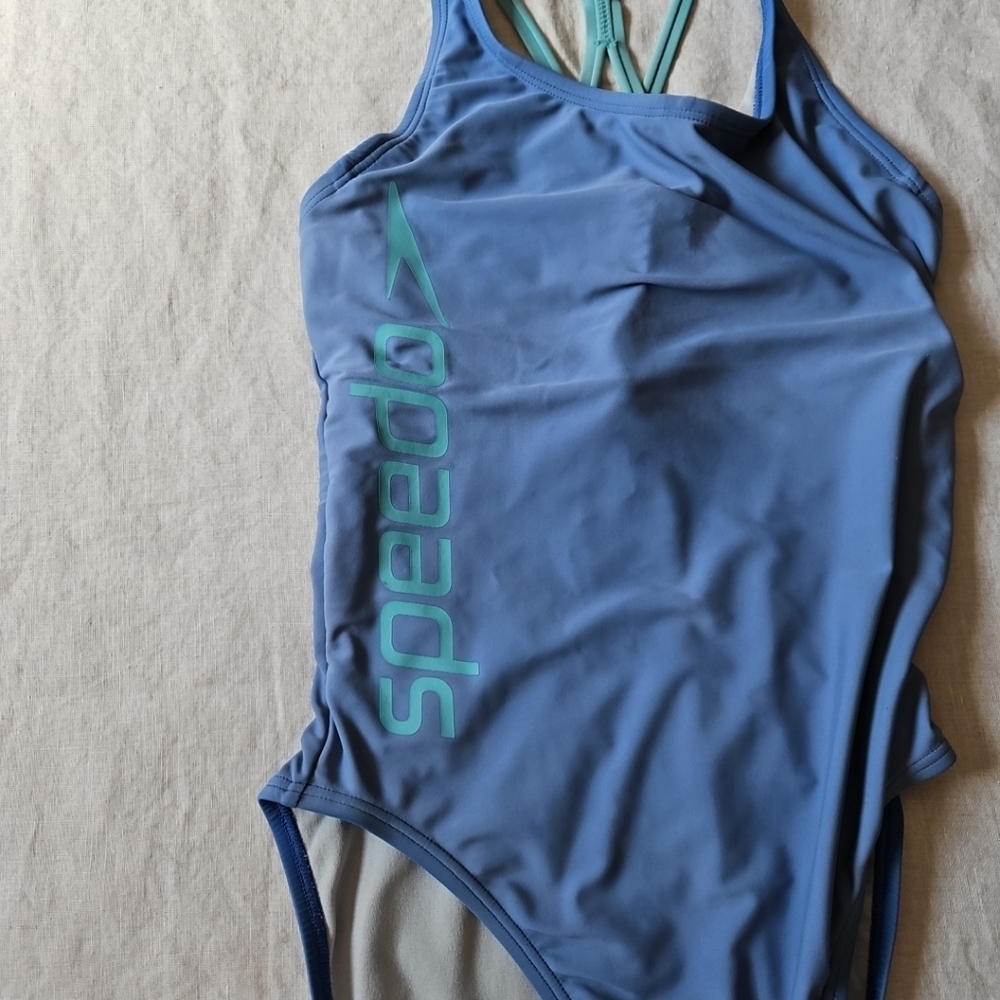 Speedo Blue Greyish One-Piece Swimwear Racerback Athletic Cut Size 8 - Picture 6 of 15